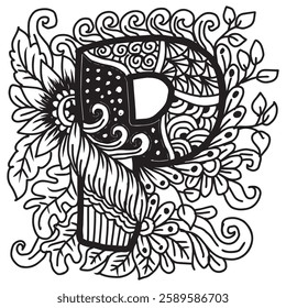  Hand drawn lettering P in ethnic style. Black and white vector illustration for coloring book.