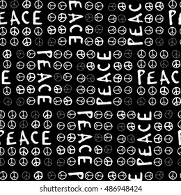 Hand Drawn Lettering - Peace Sign and Type Seamless Repeat Tile - Monochromatic Black and White Colour Palette