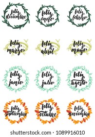 Hand drawn lettering phrase Feliz, meses in spanish collections isolated on the white background. Fun brush ink vector calligraphy illustrations set for banners, poster design.