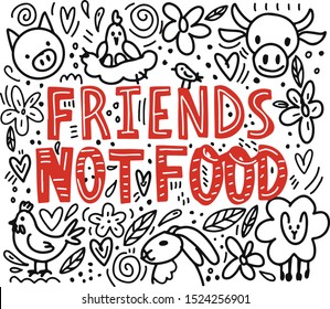 hand drawn lettering with phrase friends not food red color and doodle animals illustration. vegan day quotes, vector eps10