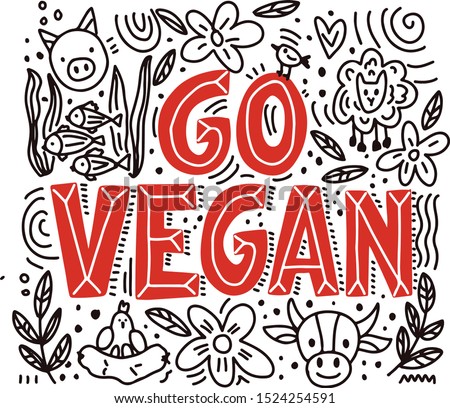hand drawn lettering with phrase GO VEGAN and animals doodle. red text on white background. for vegan activism, world vegan day. vector illustration eps10