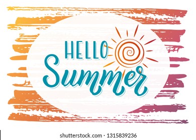 Hand drawn lettering phrase Hello Summer. Ink brush lettering for summer invitation card. Handwritten phrase Hello Summer for travel banner, flyer, greeting card and calendar.