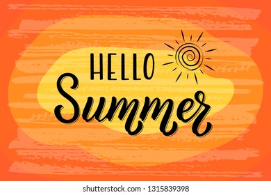 Hand drawn lettering phrase Hello Summer. Ink brush lettering for summer invitation card. Handwritten phrase Hello Summer for travel banner, flyer, greeting card and calendar.