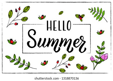 Hand drawn lettering phrase Hello Summer. Ink brush lettering for summer invitation card. Handwritten phrase Hello Summer for travel banner, flyer, greeting card and calendar.