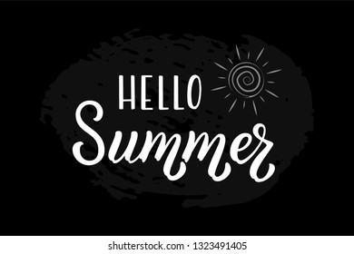 Hand drawn lettering phrase Hello Summer. Ink brush lettering for summer invitation card. Handwritten phrase Hello Summer for travel banner, flyer, greeting card and calendar.