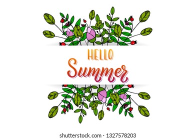 Hand drawn lettering phrase Hello Summer. Ink brush lettering for summer invitation card. Handwritten phrase Hello Summer for travel banner, flyer, greeting card and calendar.