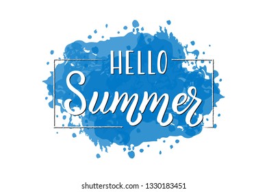 Hand drawn lettering phrase Hello Summer. Ink brush lettering for summer invitation card. Handwritten phrase Hello Summer for travel banner, flyer, greeting card and calendar.