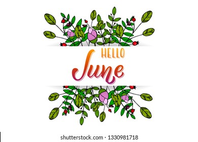 Hand drawn lettering phrase Hello June. Ink brush lettering for summer invitation card. Handwritten phrase Hello June for travel banner, flyer, greeting card and calendar.