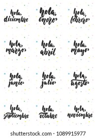 Hand drawn lettering phrase Hola, meses in spanish collections isolated on the white background. Fun brush ink vector calligraphy illustrations set for banners, poster design.