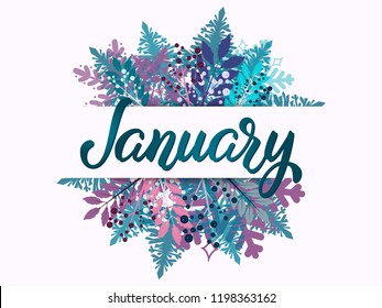 Hand drawn lettering phrase January. Ink brush lettering for winter invitation card. Month January for calendar. Handwritten phrase for banner, flyer, greeting card, calendar.