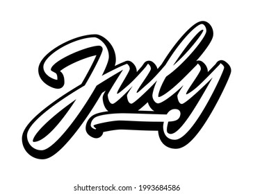 Hand drawn lettering phrase July. Ink brush lettering for summer invitation card. Month July for calendar. Handwritten phrase for banner, flyer, greeting card, calendar. Vector illustration. EPS 10.
