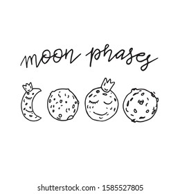 Hand drawn lettering phrase - moon phases. Vector illustration  isolated on white background. Concept in doodle hand drawn style. It can be used for poster, postcard, t-shirt print, flyer