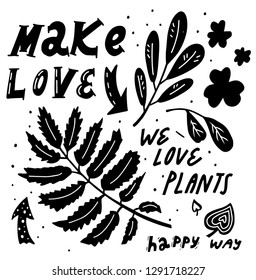 Hand drawn lettering with plants and worlds about safe planet