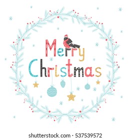 Hand drawn lettering poster Merry Christmas. Greeting card. Vector illustration   
