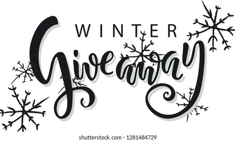 Hand drawn lettering poster winter giveaway. Black and white banner card for social media content. Promo template design