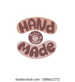 Hand drawn lettering for pottery school.Decoration speech bubble.Expression for wall and t-shirt.doodle emblem logo isolated.gentle colour.Hobby decorative symbol sticker.hand made cup