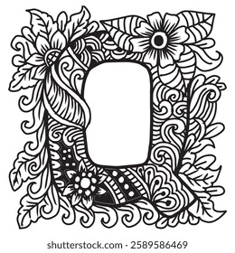 Hand drawn lettering Q in ethnic style. Black and white vector illustration for coloring book.