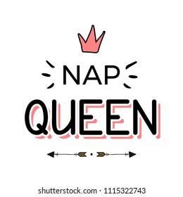 Hand drawn lettering Queen. Vector background with crown on and red heart. Decoration for invitations,greeting cards, posters, t-shirts, apparel. Invitation card design. Vector illustration