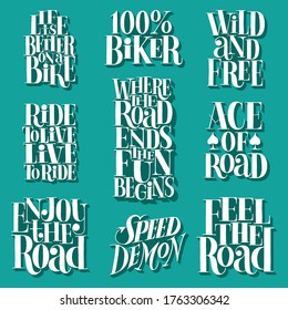 Hand drawn lettering quote. Biker Road. Vector set of illustration. Emotional stylized typography for social media, poster, card, banner, t-shirts, wall art, bags, stickers, stationery design element.
