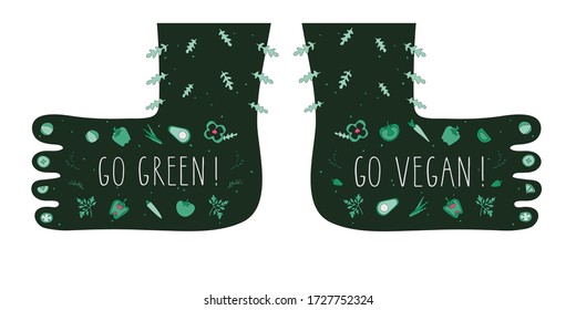 Hand drawn lettering quote - go green, go vegan. Original, funny illustration of Appetizing detailed vegetables, greens in a foot negative space. Great typography for poster, card, market, restaurant
