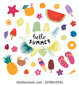 Hand drawn lettering quote Hello Summer with summer objects. Isolated objects on white background. Vector illustration. Scandinavian style flat design. Concept for children print.