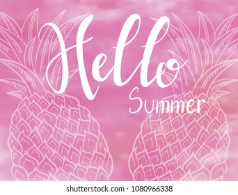 Hand drawn lettering quote – Hello summer. Summer vacations poster with text, on watercolor imitation background. Can use for print greeting cards, totes, posters and t-shirts
