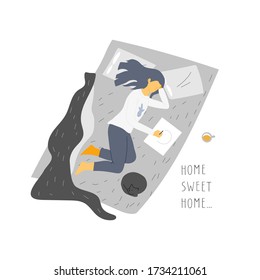 Hand drawn lettering quote- home sweet home. Vector illustration in flat style of young romantic girl dreamily drawing. A young woman lies on a bed with a cat in bedroom