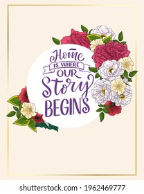 Hand drawn lettering quote in modern calligraphy style about Home. Slogan for print and poster design. Vector illustration