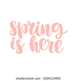 Hand drawn lettering quote - Spring is here. Modern calligraphy for photo overlay, cards, t-shirts, posters, mugs, etc. Pastel colors