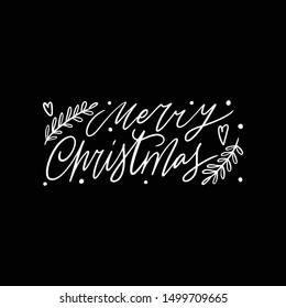 Hand drawn lettering quote template -Merry Christmas - with illustrations around. Unique vector script saying poster. Custom 
typography print for t shirts,bags,posters,merch,banners.