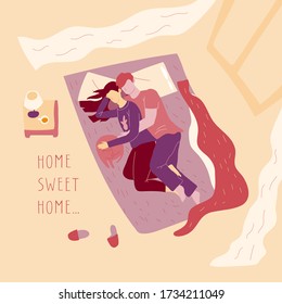 Hand drawn lettering quote- You are my whole world. Cute couple, spouses, man and woman lying on a bed with a cat. Lovers carefully embrace each other, dream, sleep