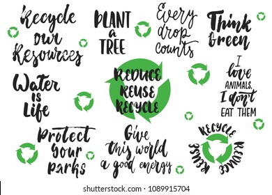 Hand drawn lettering quotes about ecology and nature collections isolated on the white background. Fun brush ink vector calligraphy illustrations set for banners, greeting card, poster design.