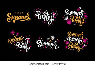 Hand drawn lettering quotes about Summer Party set on the black background. For banners, greeting card, poster, summer sale season.