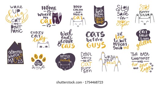 Hand drawn lettering quotes about cats collections isolated on the white background. Brush ink vector calligraphy illustrations set for banners, greeting card, poster design.