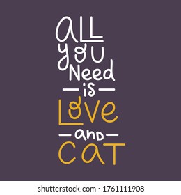 Hand drawn lettering quotes about cats collections isolated on the purple background. Brush ink vector calligraphy illustrations set for banners, greeting card, poster design.