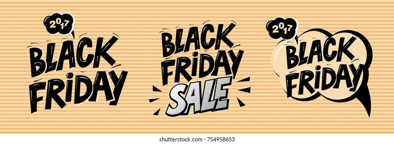 Hand drawn lettering quotes, emblems, signs for Sale seasons in pop art style. Black friday. For logo, banners, labels, prints, posters, web, presentation. Vector illustration.