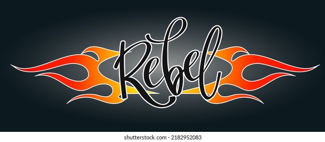Hand Drawn Lettering Rebel On A Fire Emblem Background. Old School Flame Shaped Element Template, Isolated Vector Illustration