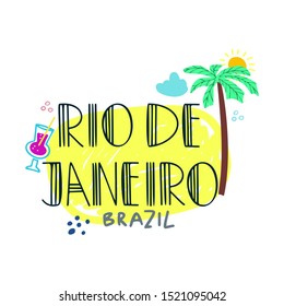 Hand drawn lettering Rio de Janeiro. Frame of hand drawn elements on a yellow background in doodle style. Template for print, poster, postcard, invitation.