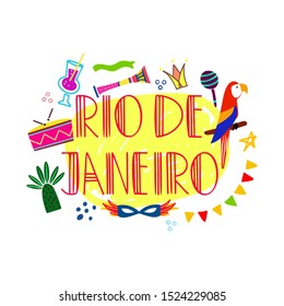 Hand drawn lettering Rio de Janeiro. Frame of hand drawn elements on a yellow background in doodle style. Template for print, poster, postcard, invitation.