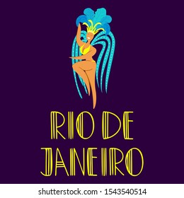 Hand drawn lettering Rio de Janeiro. Beautiful dancing women in carnival costumes on the dark background. Carnival concept for flyers, posters, advertising, t-shirt design.