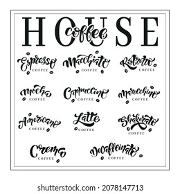 Hand drawn lettering set of coffee inscriptions. Vector illustration. Typography text design for a coffee house. 