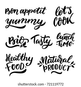 Hand drawn lettering set for food blogers with words bon appetit, yummy, let's cook, bio, tasty, lunch time, healthy food, natural product for stickers, banners, foto overlay, logo, packaging.