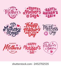 Hand drawn lettering set for Happy Mothers Day. Mother's day greeting cards with heart and flower vector illustration. Mothers day typography bundle. Mom t shirt design. Mother's Day logo collection.