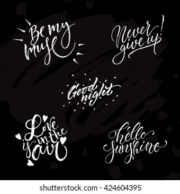 Hand drawn lettering set. Modern calligraphy. Ink illustration. Design for banner, poster, card, invitation, flyer, brochure, t-shirt. Isolated on textured black abstract background