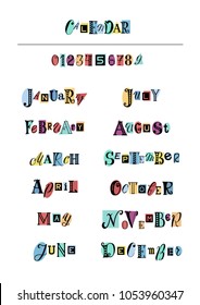 Hand drawn lettering set of months of the year and numbers with black letters on colorful shapes isolated on white background for calendar, planner, notebook, decoration, sticker, diary, poster