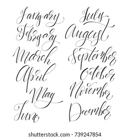 Hand drawn lettering set of months of the year. Liner hand written names of months, trendy collection