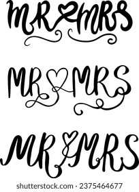 Hand drawn lettering set mr and mrs wedding bride groom couple love heart typography words.