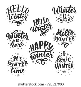 Hand drawn lettering set with phrases hello winter, love winter, it's winter time, winter coming for card, print, overlay, decor, poster, banner.