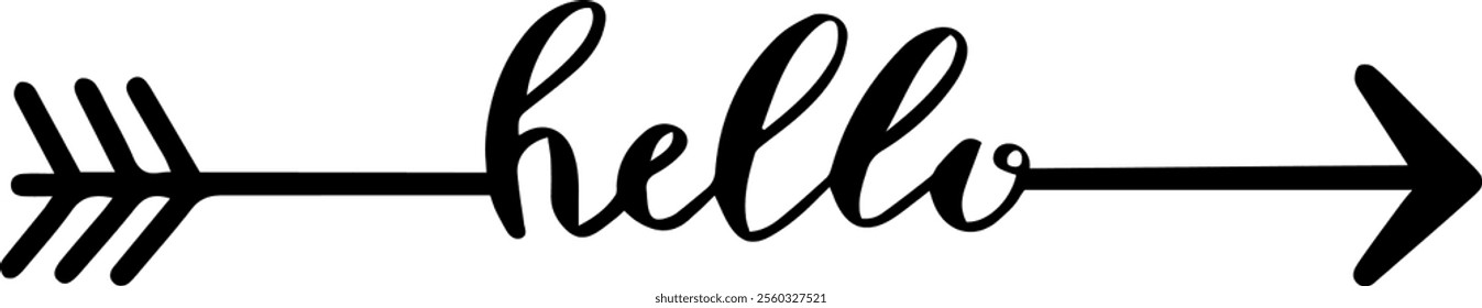 Hand drawn lettering spelling hello accompanied by a right pointing arrow, set against a clean white background in a stylish modern calligraphy design