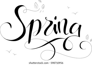 Hand drawn lettering: "Spring". Black and white vector for banners, cards or prints. 